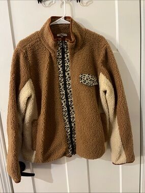 Mystree Tan and Cream Sherpa Jacket with Leopard Trim
